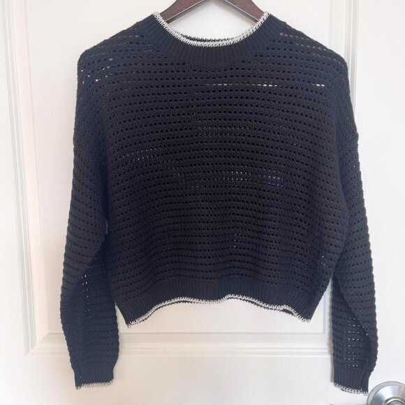 Zudio Women's Crochet Crop Mesh Knit Crew Neck Black Top Sweater Size - XS - Picture 1 of 8